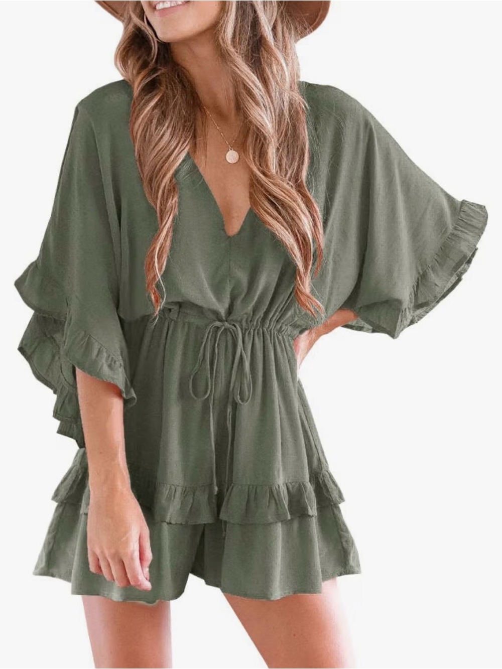Olive Green Tie V-Neck Ruffle Romper